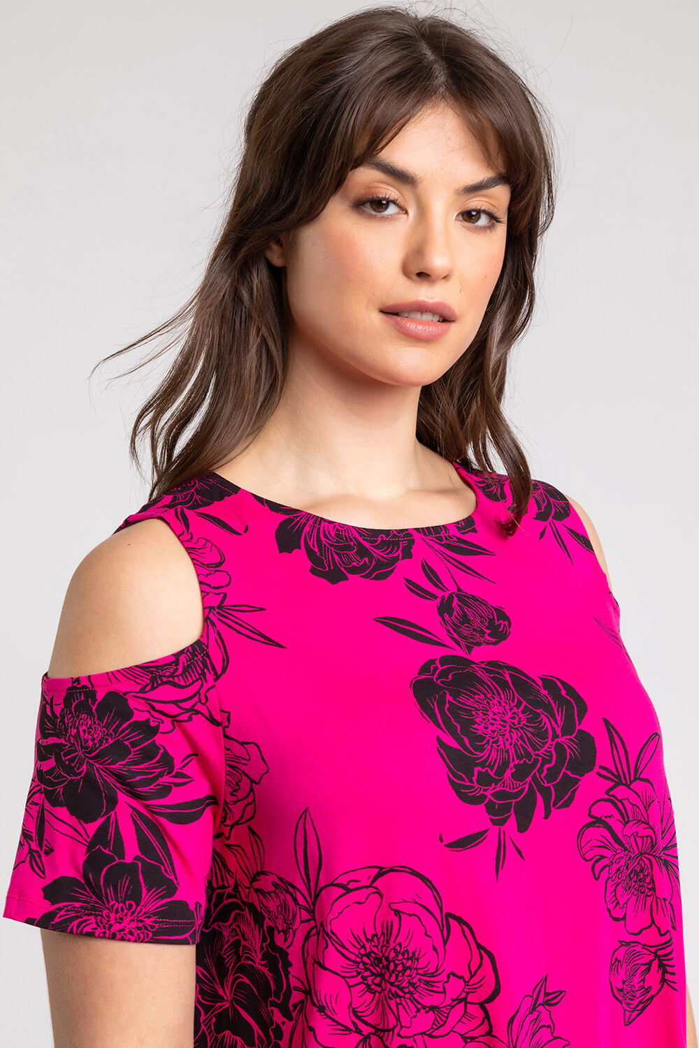 Fuchsia Curve Floral Print Cold Shoulder Jersey Top, Image 4 of 4
