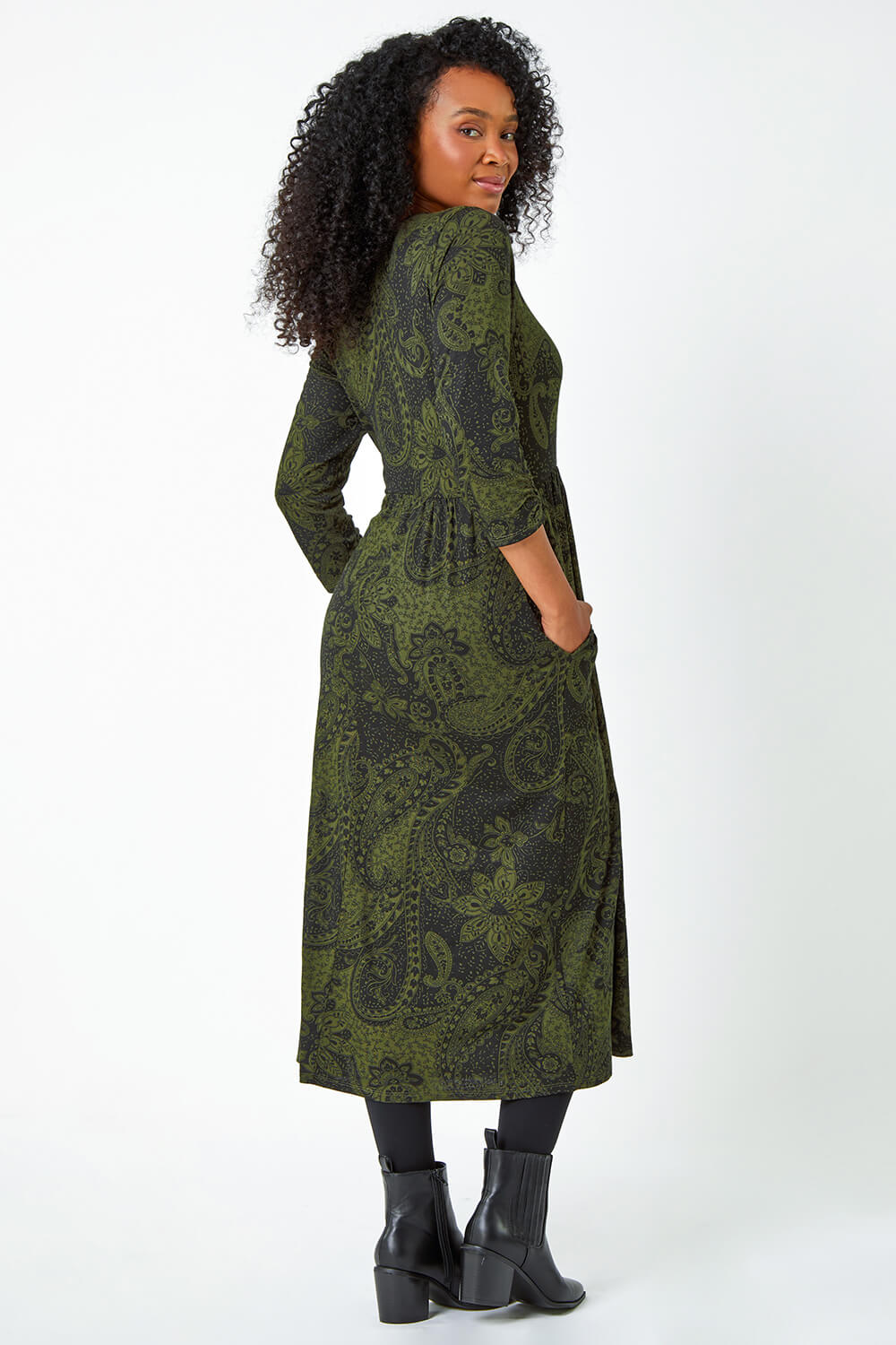 KHAKI Petite Paisley Print Ruched Midi Dress, Image 3 of 5
