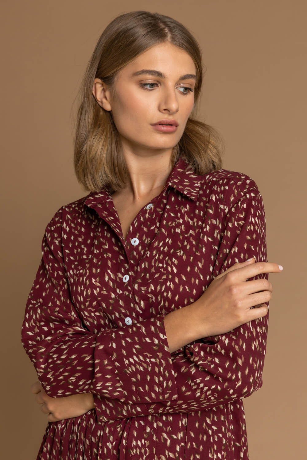 Copper Ditsy Print Pleated Shirt Dress, Image 4 of 5
