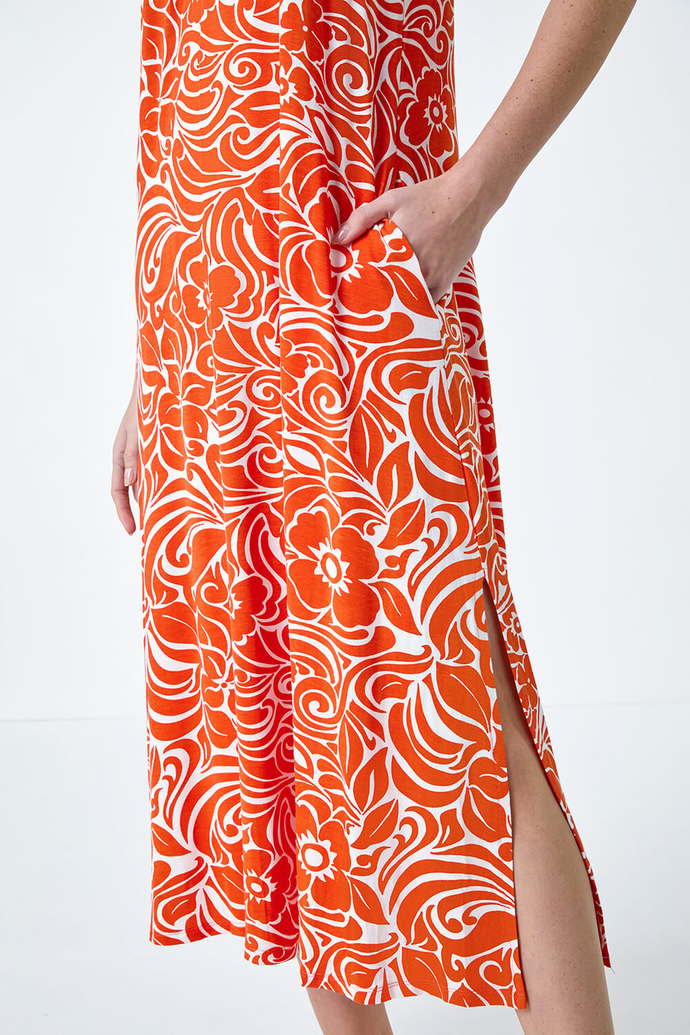 ORANGE Abstract Strappy Swing Stretch Midi Dress, Image 5 of 5