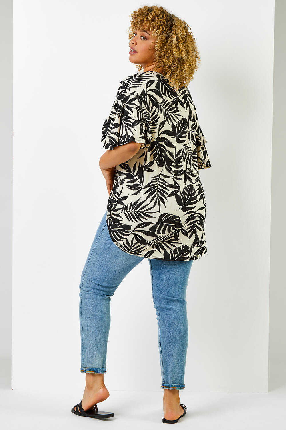 Black Curve Tropical Leaf Print Frill Sleeve Top, Image 3 of 5
