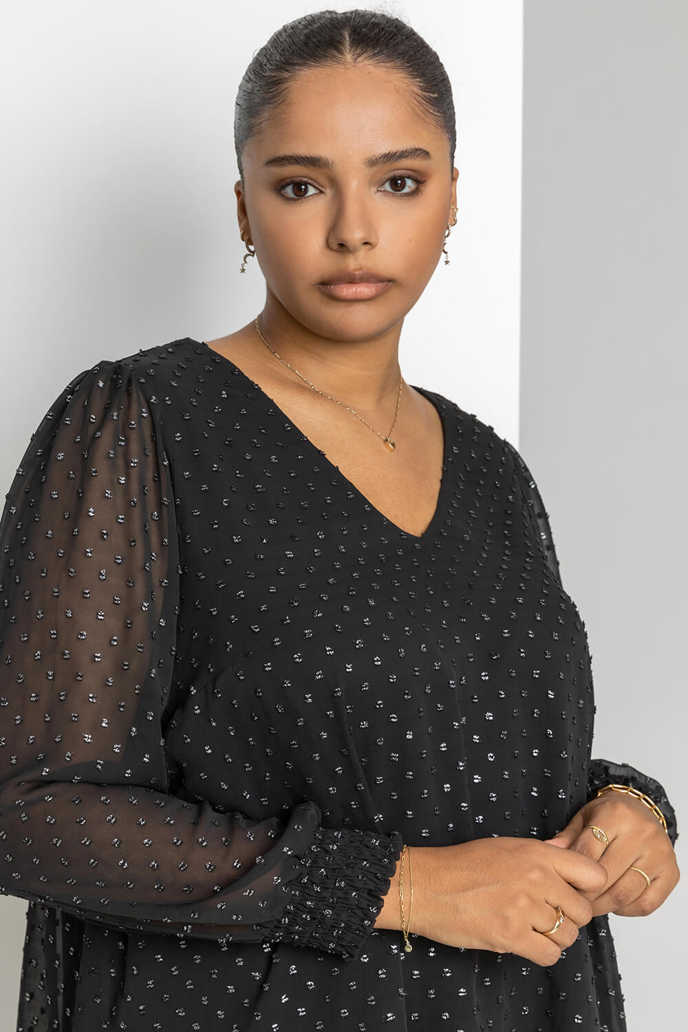Silver Curve Metallic Textured Spot Blouse, Image 4 of 4