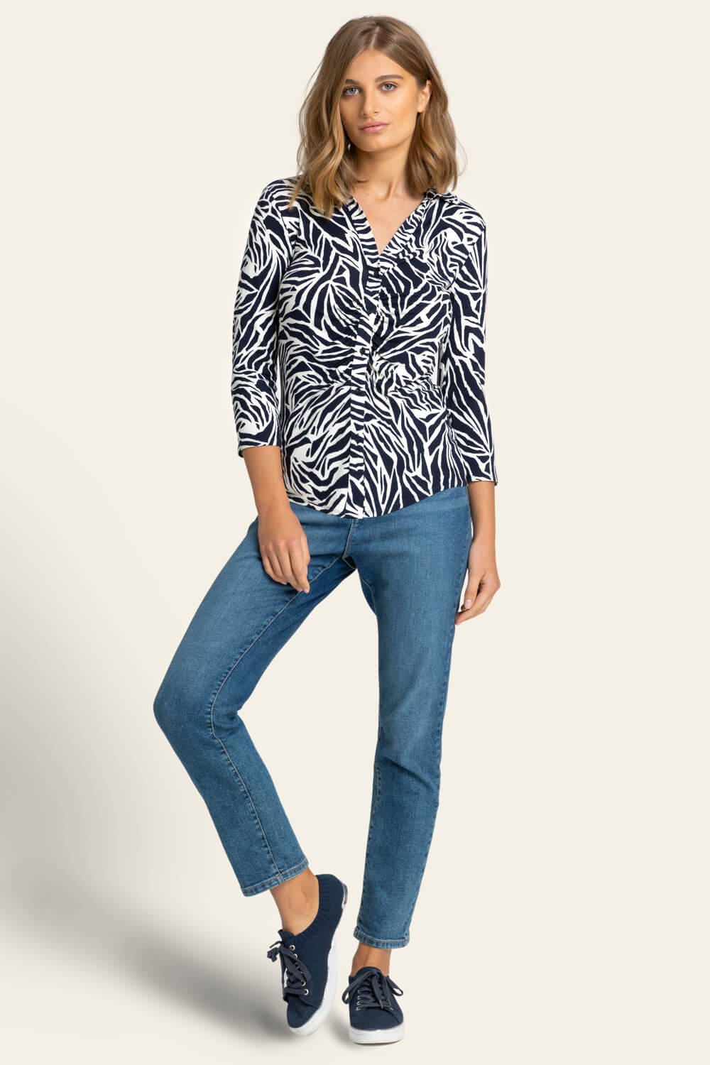 Navy  Animal Print Buttoned Jersey Blouse, Image 3 of 4