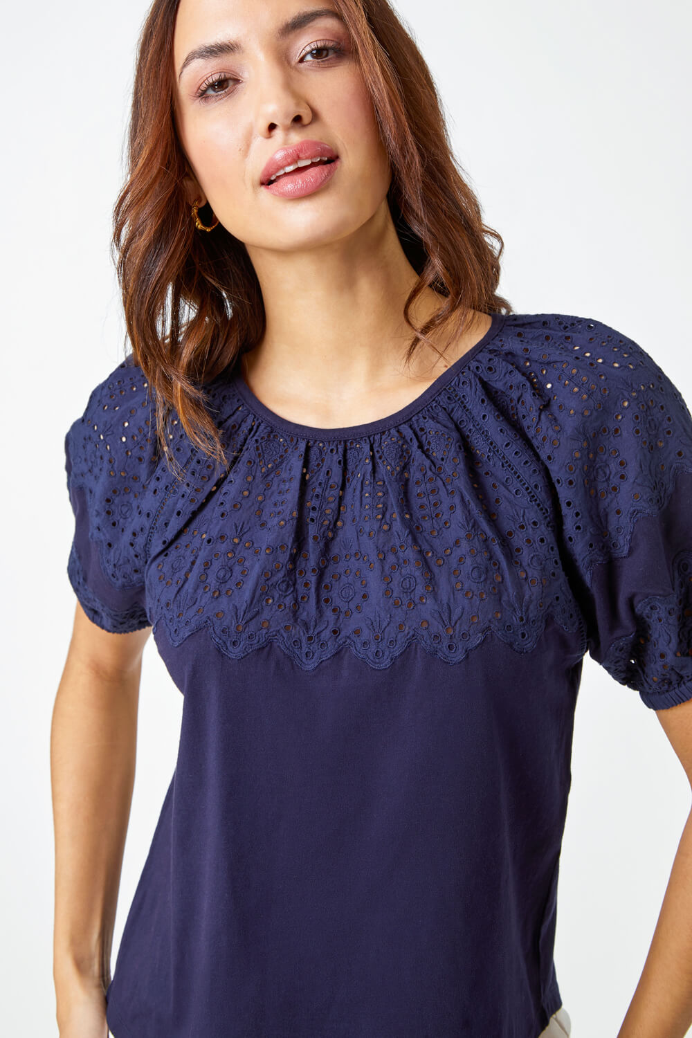 Navy  Cotton Broderie Puff Sleeve Top, Image 5 of 5