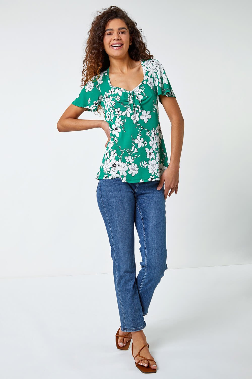 Green Textured Floral Print Ruched Top, Image 4 of 5