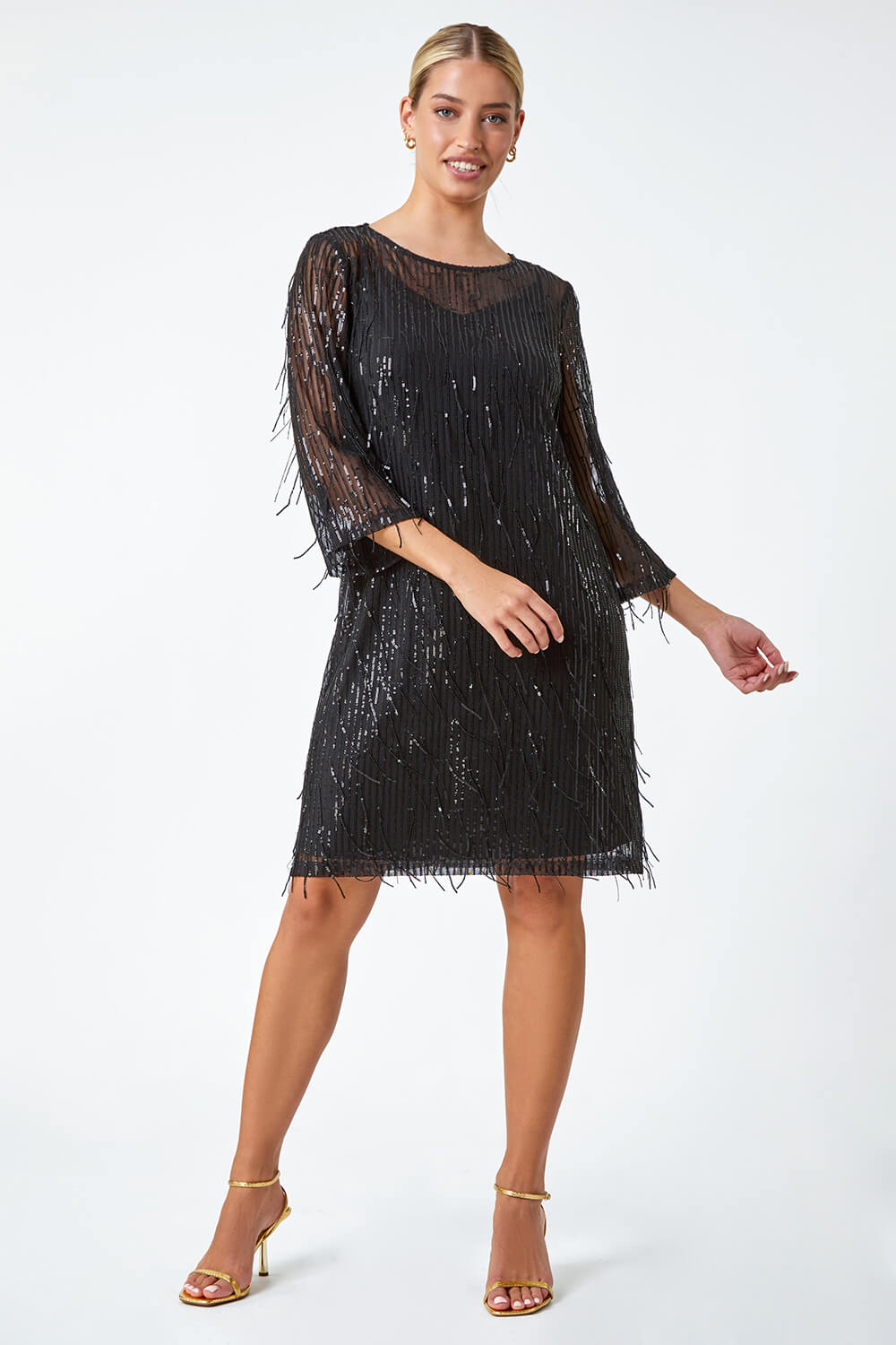 Black Sequin Sparkle Tassel Shift Dress, Image 4 of 5