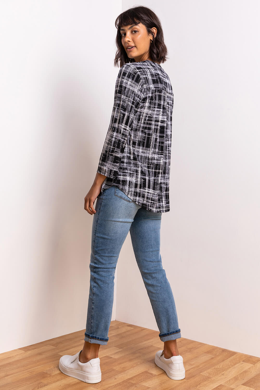 Black Textured Check Print Jersey Top, Image 2 of 4