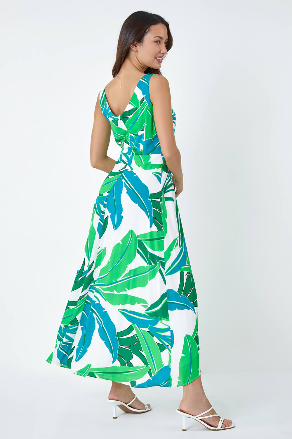 Green Sleeveless Palm Print High Low Maxi Dress, Image 3 of 5