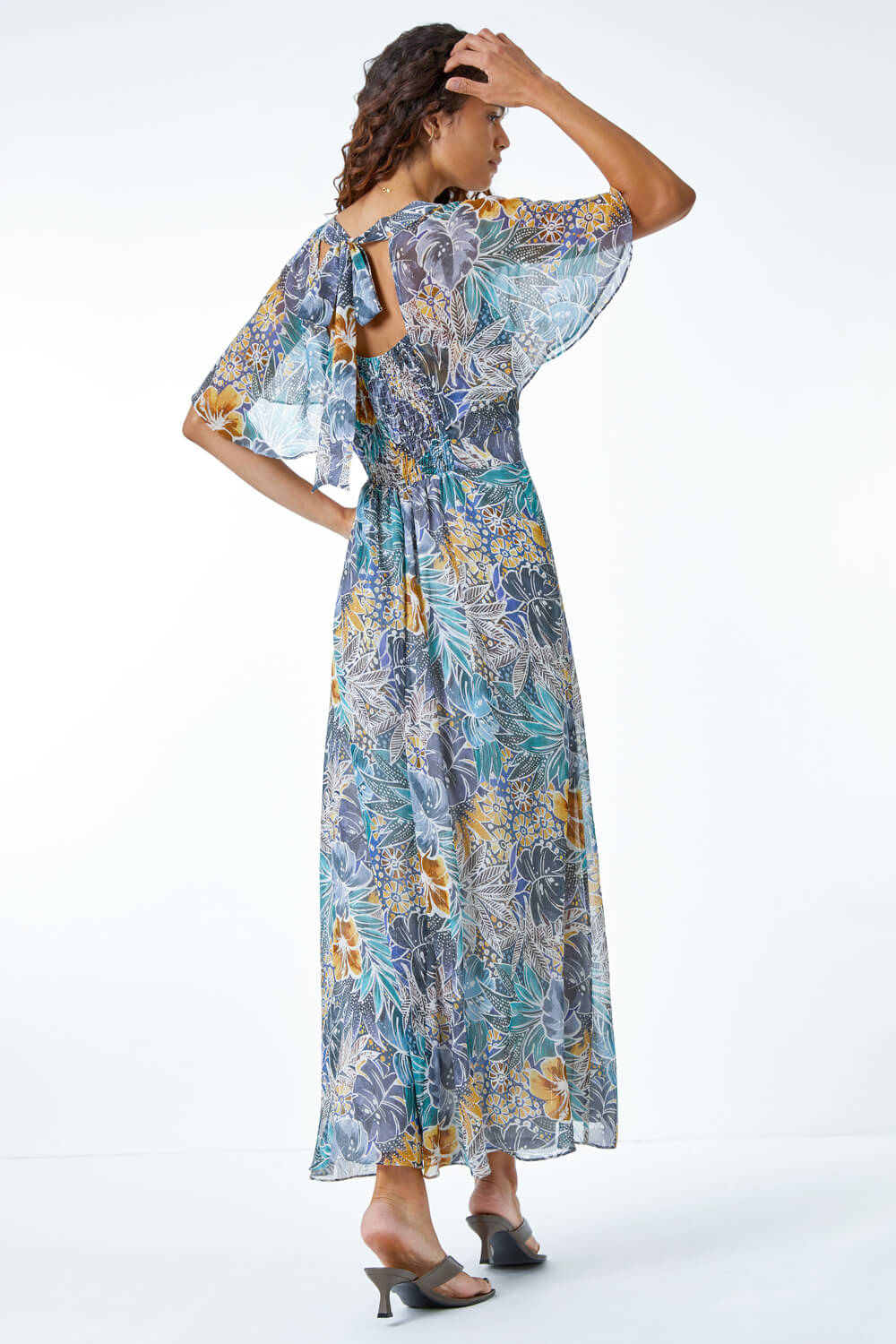 Grey Tropical Print Angel Sleeve Maxi Dress, Image 3 of 5