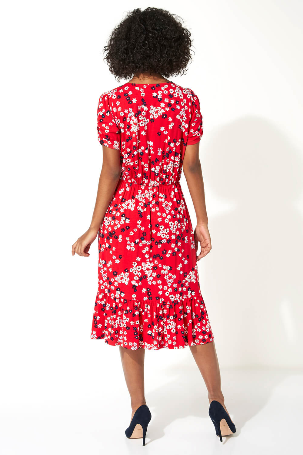 Red Floral Print Tiered Midi Dress , Image 3 of 5