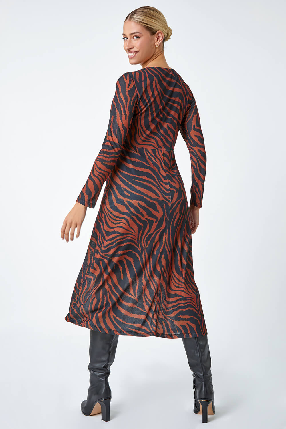 Tan Tiger Print Mesh Midi Stretch Dress, Image 3 of 5
