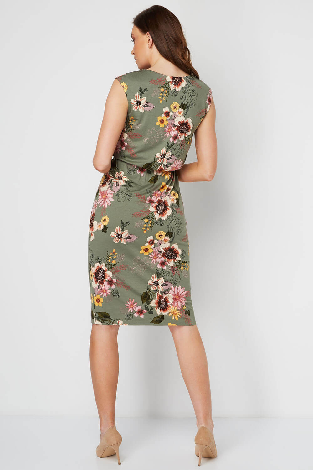 Floral Elasticated Waist Midi Dress in Khaki - Roman Originals UK