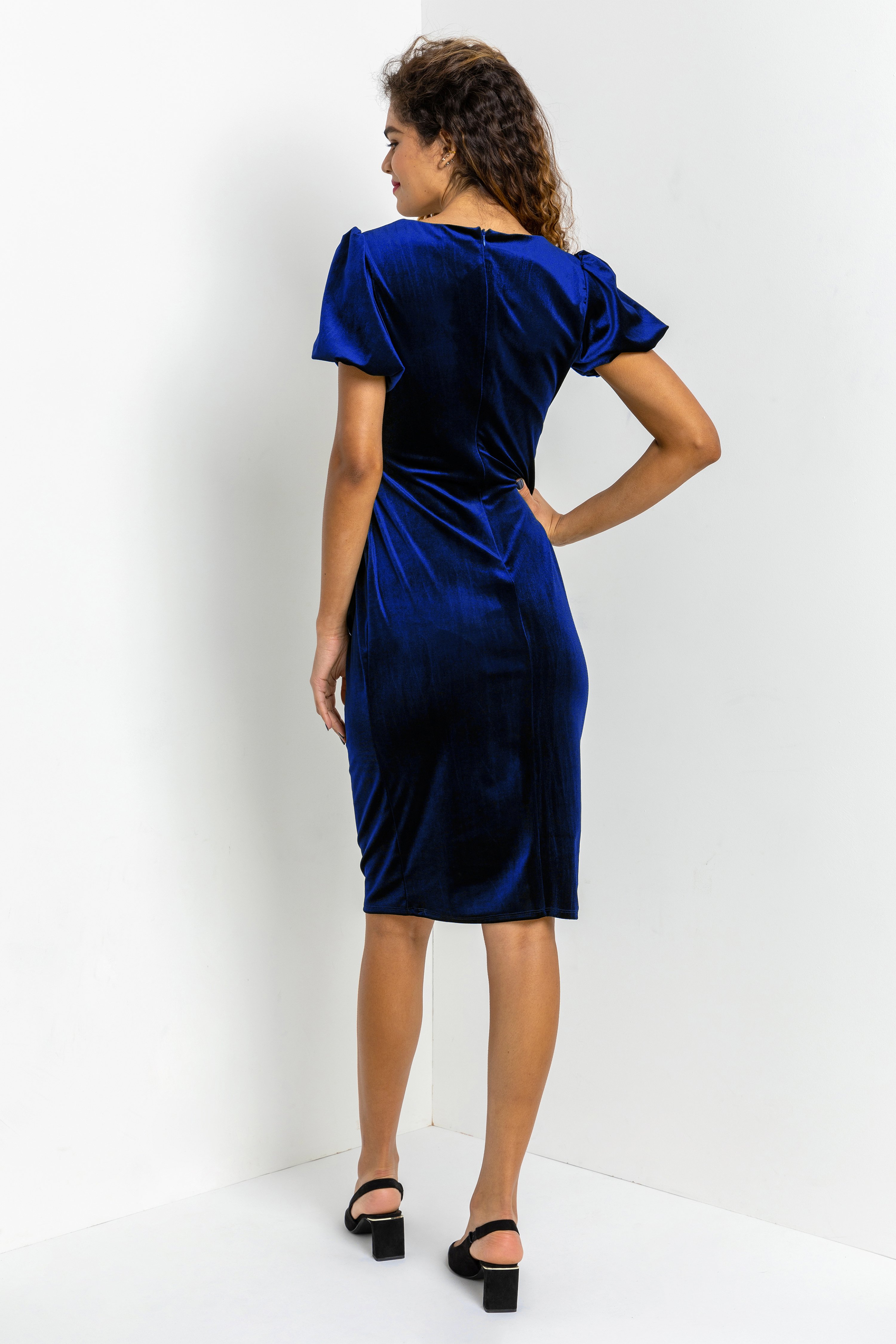 Royal Blue Velvet Bubble Sleeve Ruched Midi Dress, Image 2 of 4
