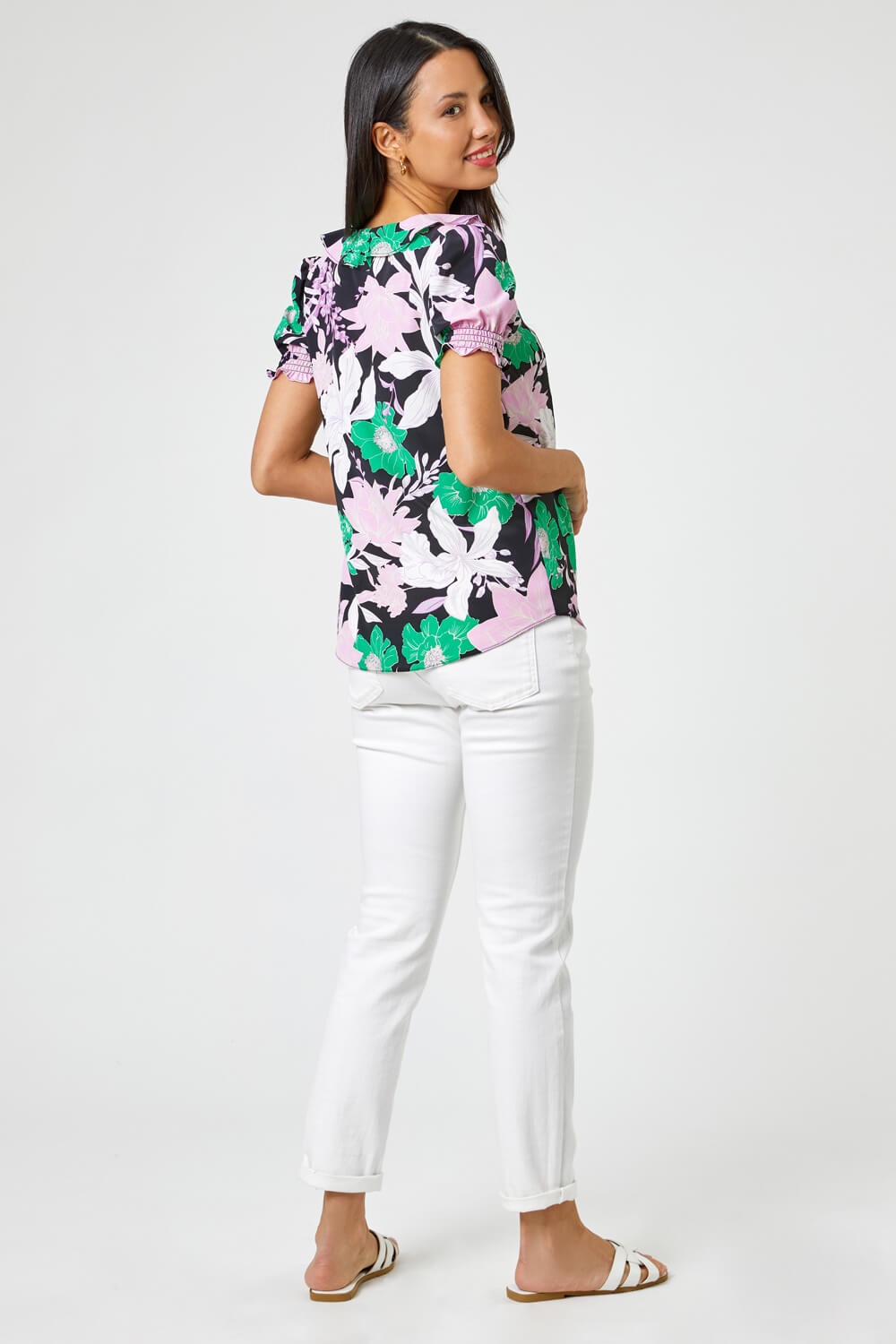 Multi  Petite Contrast Floral Frill Detail Top, Image 2 of 4