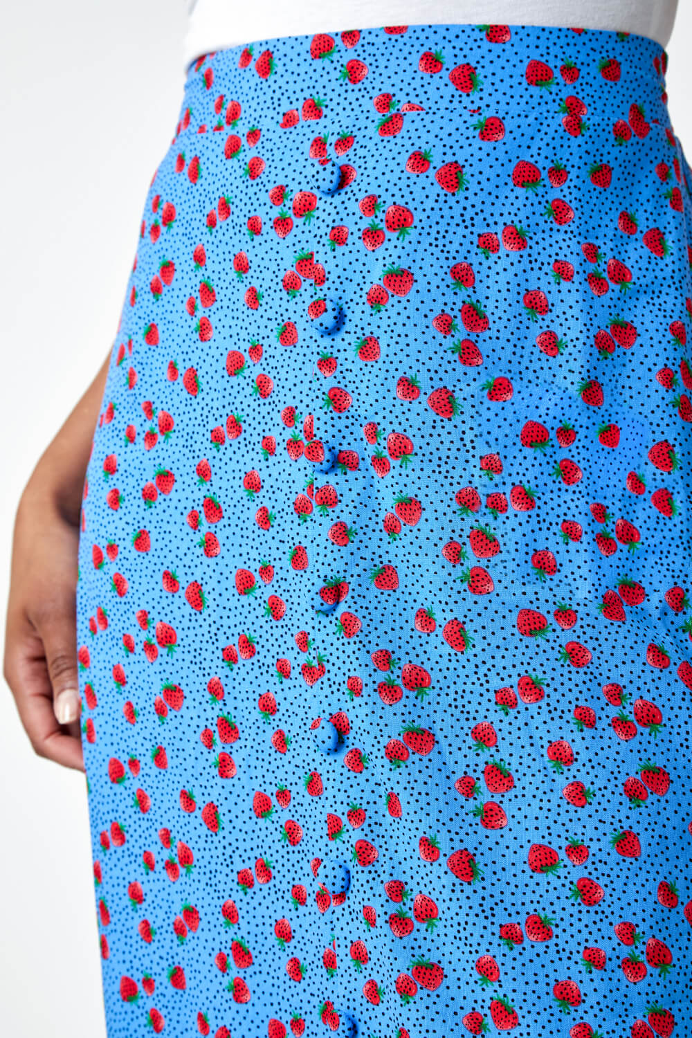 Blue Petite Strawberry Button Stretch Skirt, Image 5 of 5