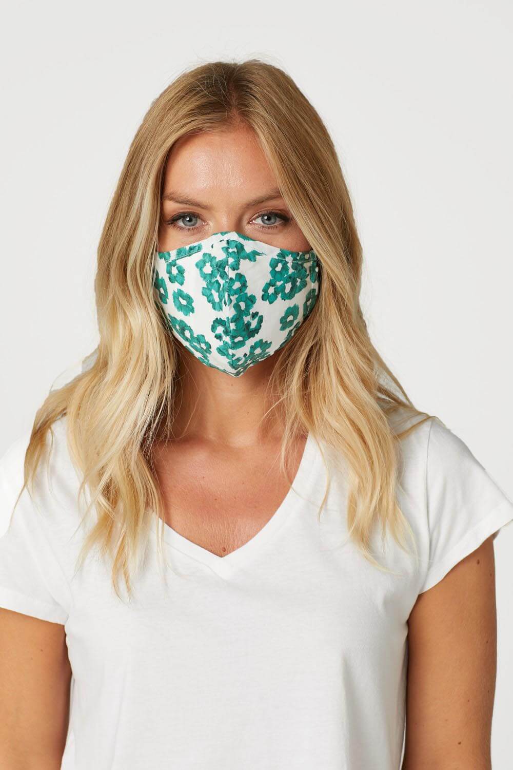 Turquoise Floral Print Fast Drying Fashion Face Mask, Image 2 of 2