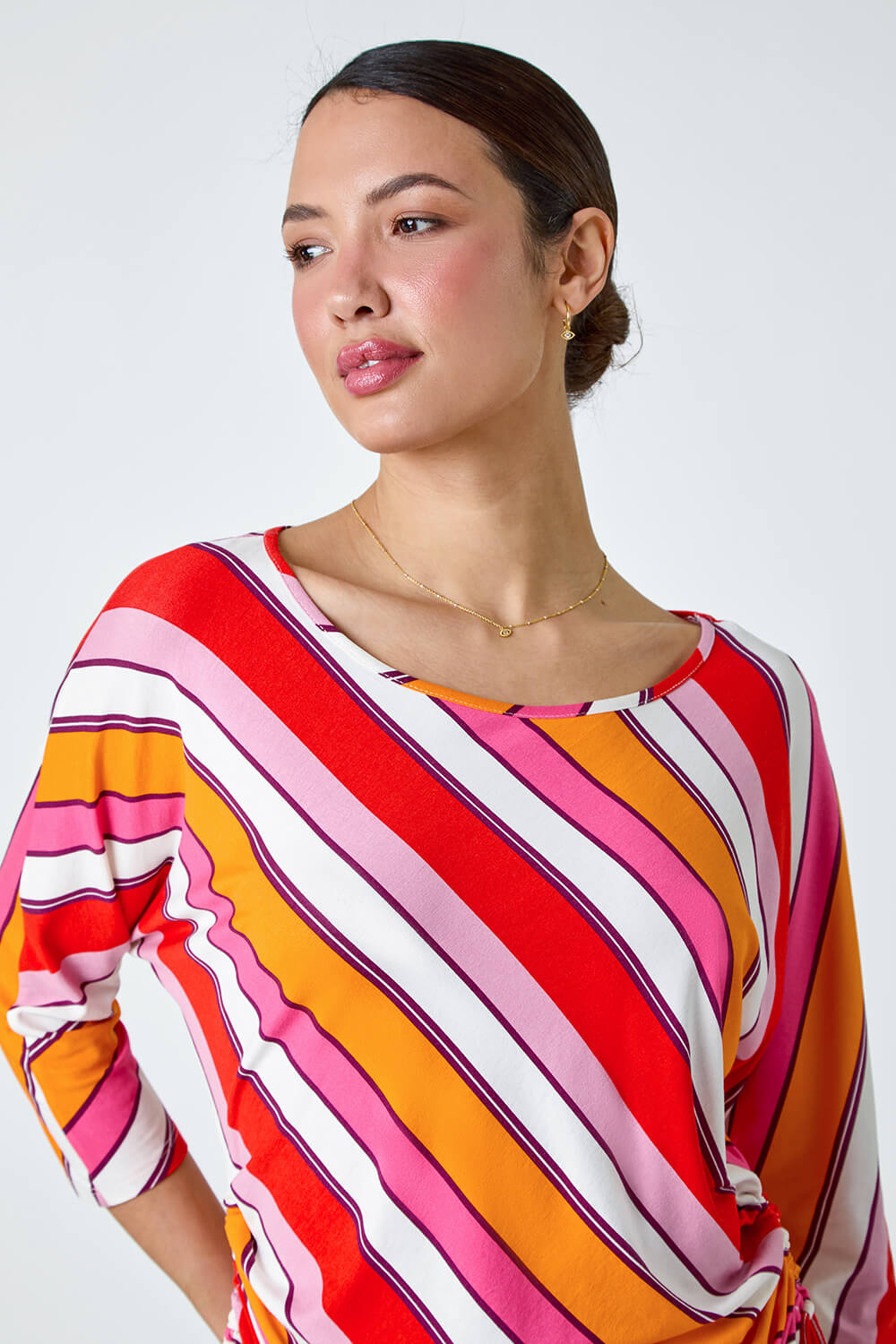 Red Stripe Print Ruched Stretch Top, Image 4 of 5