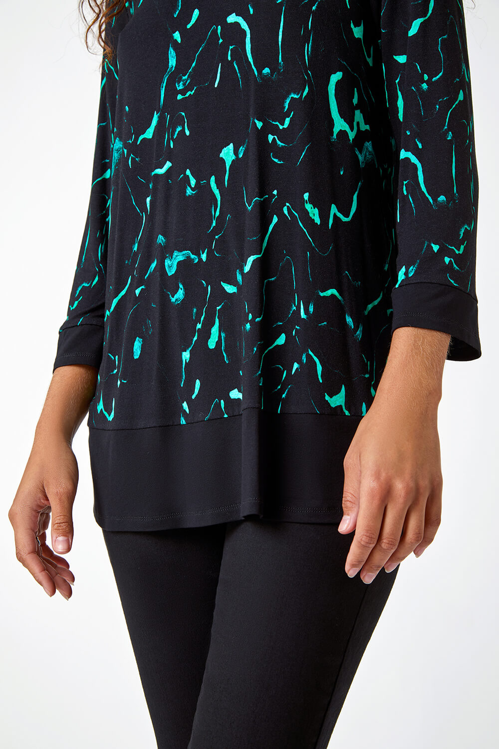 Green Marble Print Contrast Hem Stretch Top, Image 5 of 5