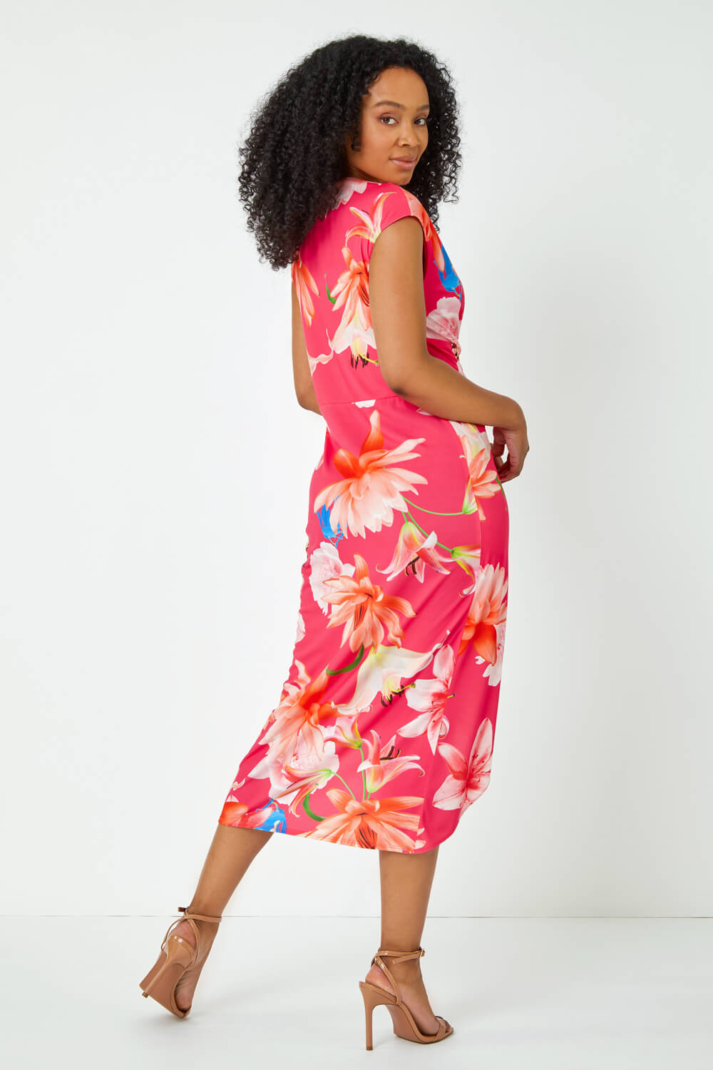 CORAL Petite Ruched Floral Wrap Dress, Image 3 of 5
