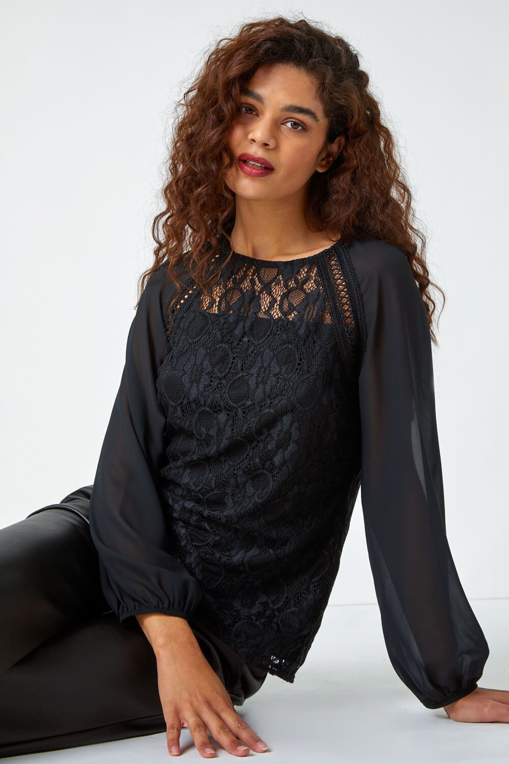 Black Lace Detail Chiffon Sleeve Stretch Top | Roman UK