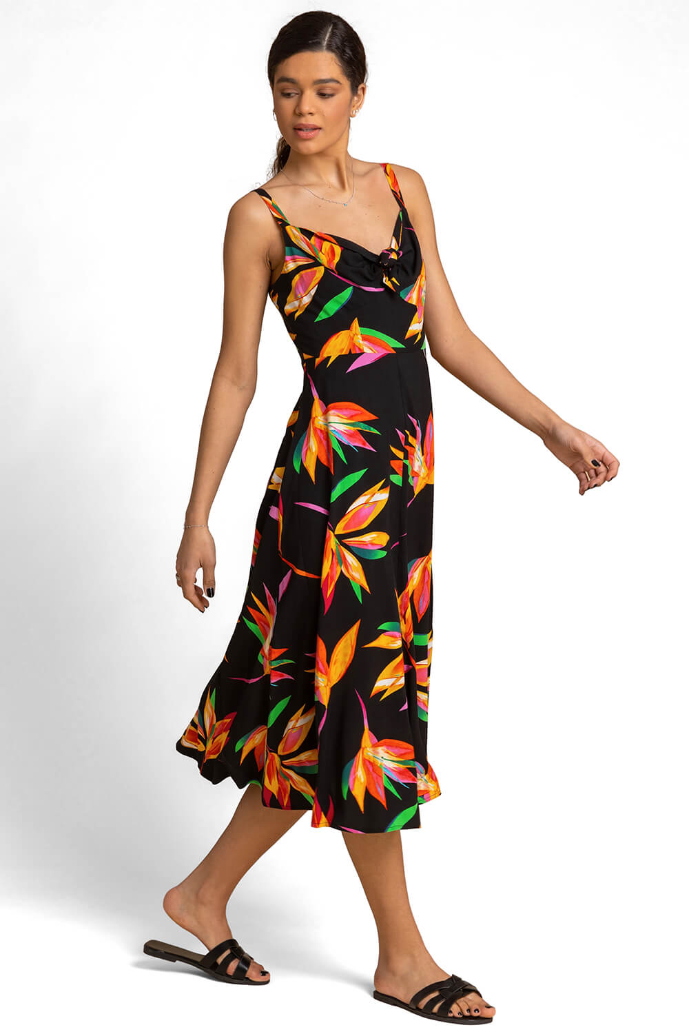Black Floral Print Tie Front Midi Dress, Image 6 of 6