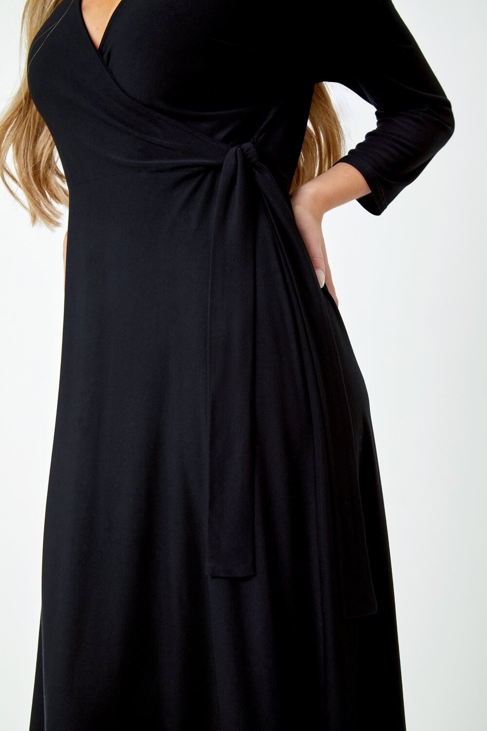 Black Petite Plain Stretch Wrap Midi Dress, Image 5 of 5