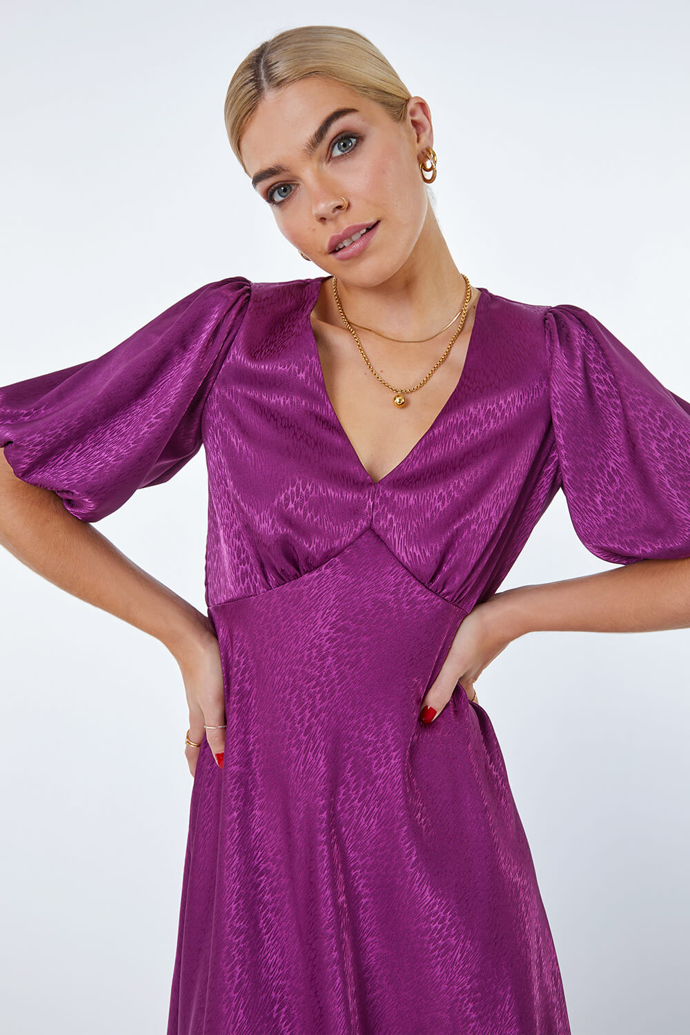  Puff Sleeve Satin Midi Dress, Image 4 of 5