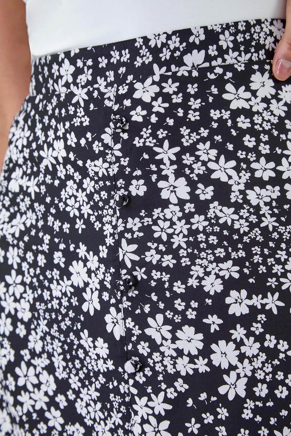 Black Ditsy Floral Button Detail Midi Skirt, Image 5 of 5