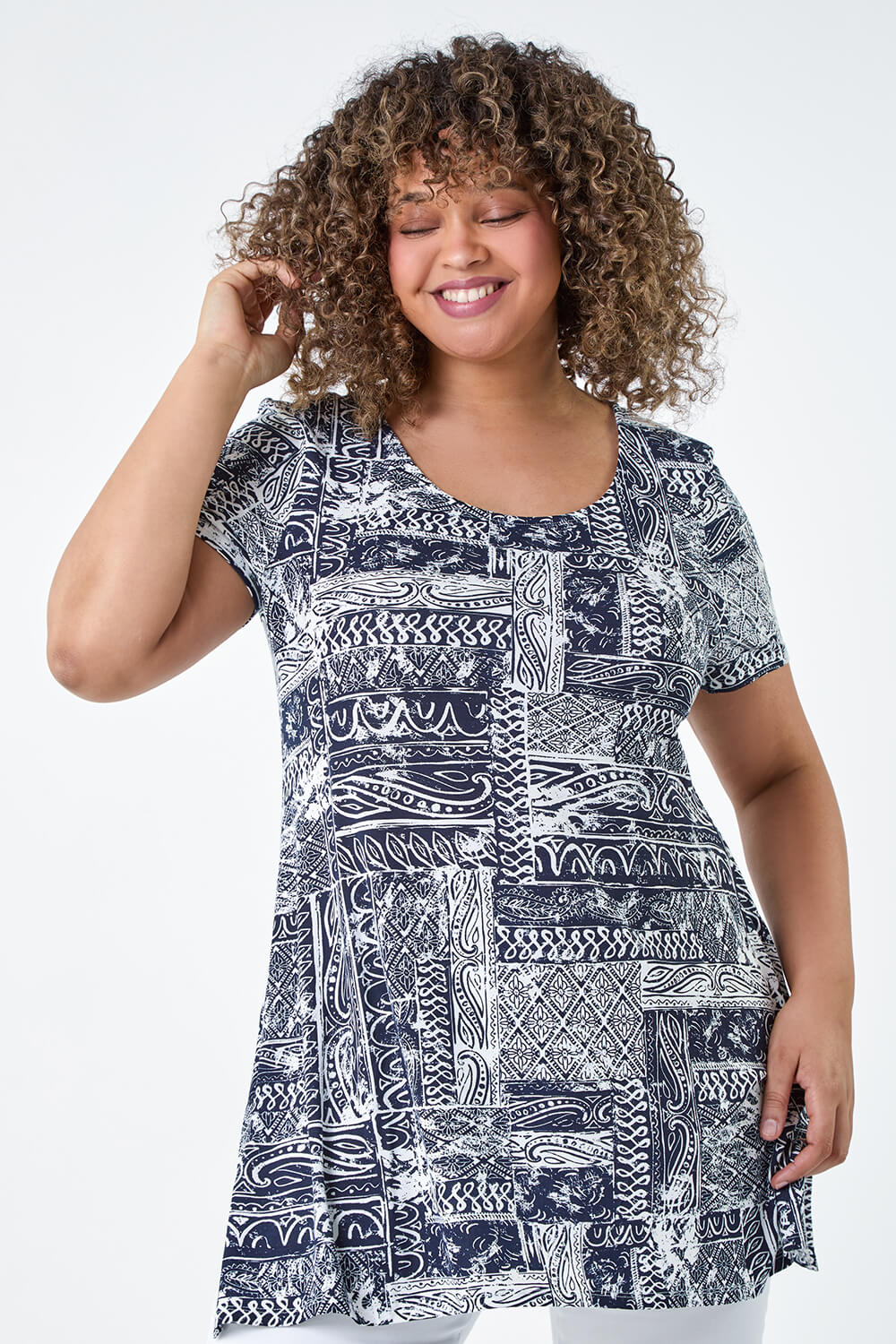 Navy  Curve Abstract Print Back Bar Stretch Top, Image 4 of 5