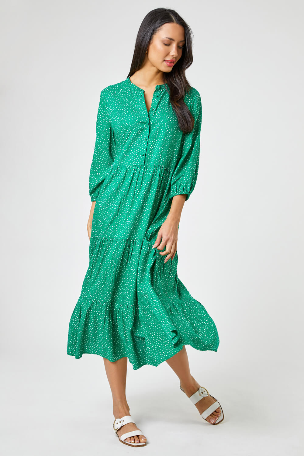 Spot Print Tiered Button Midi Dress in Green - Roman Originals UK