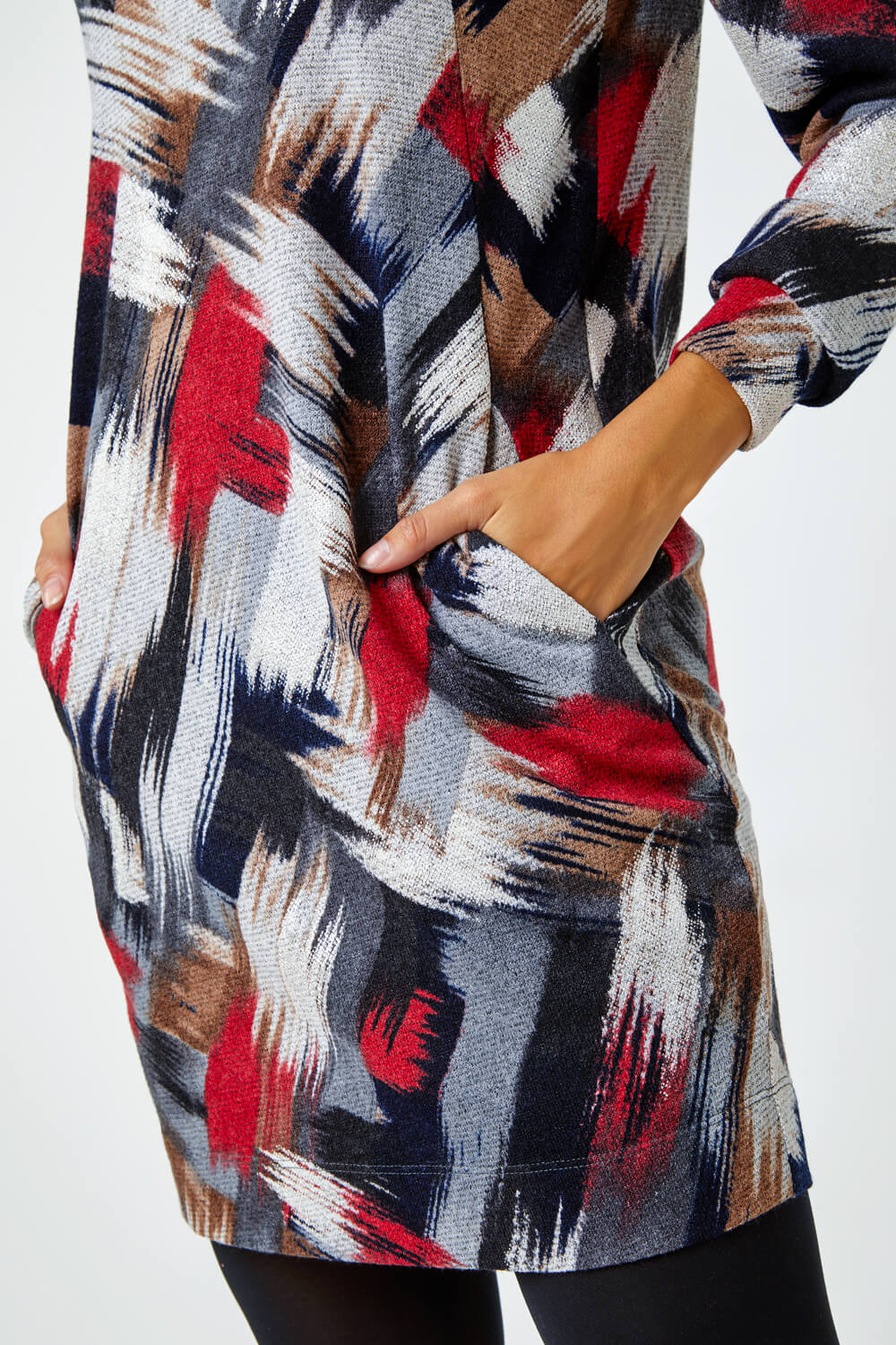 Red Cowl Neck Abstract Print Stretch Dress, Image 5 of 5