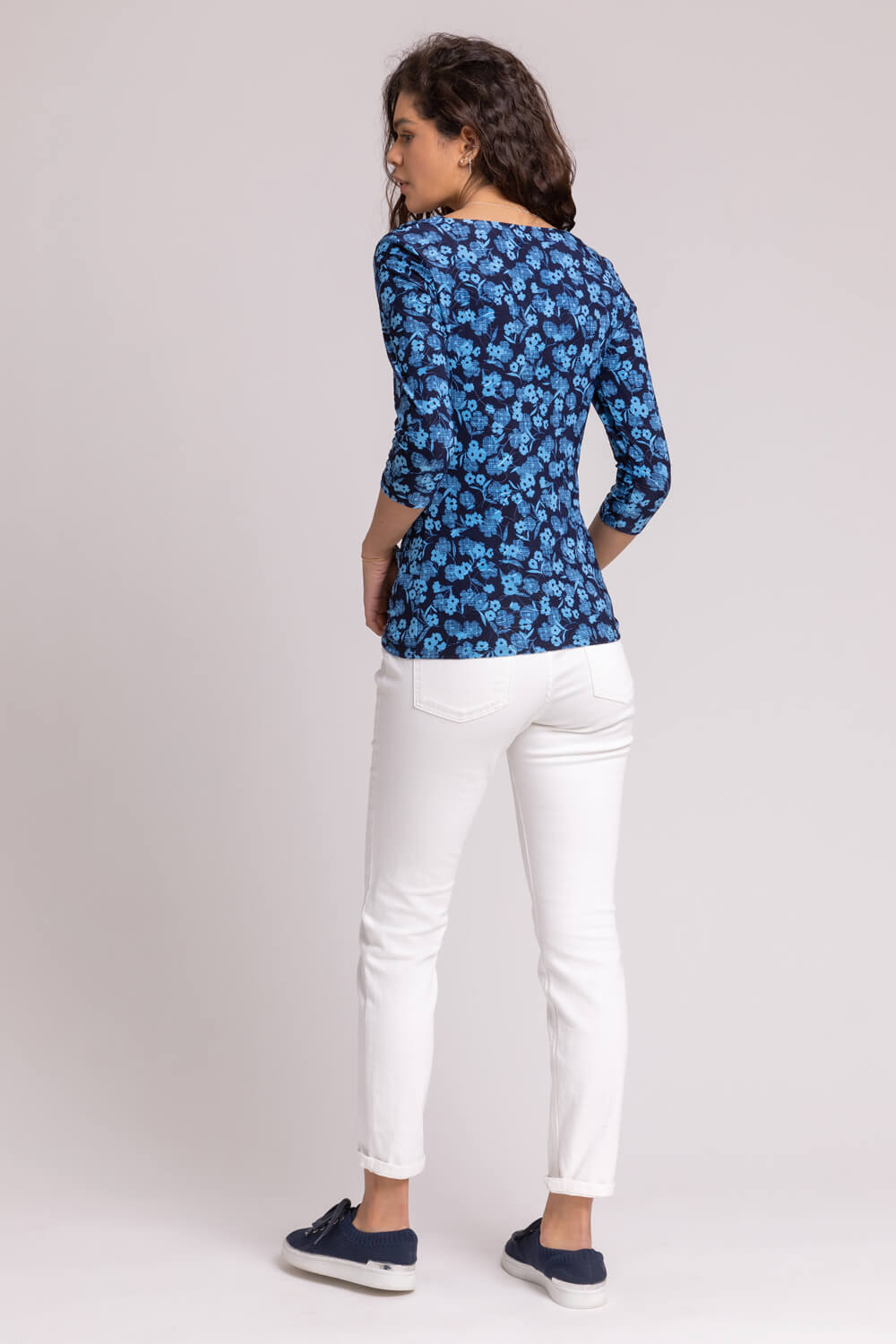 Blue Floral Print Cowl Neck Top, Image 2 of 4