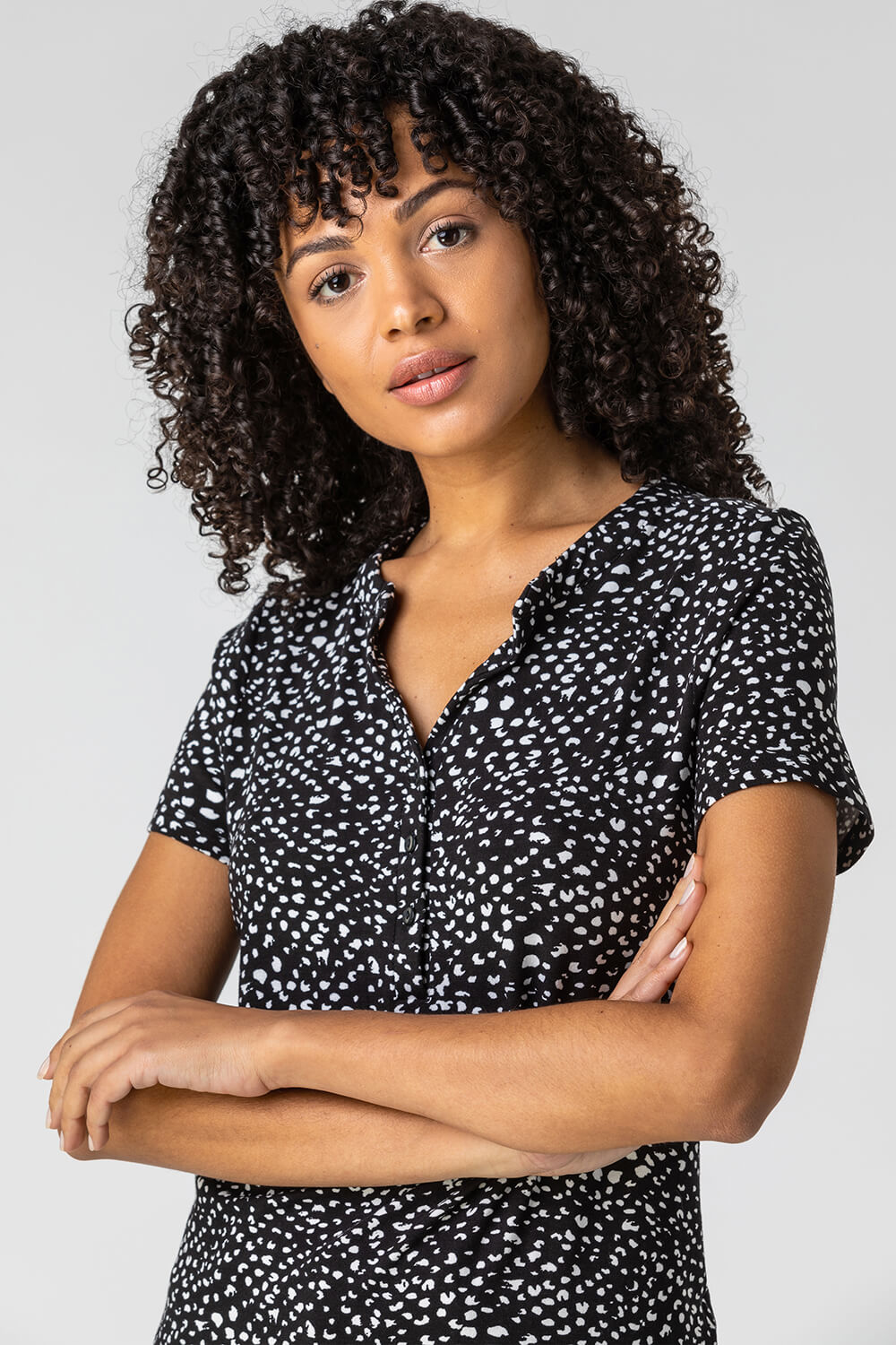 Black Ditsy Spot Print Button Top, Image 5 of 5