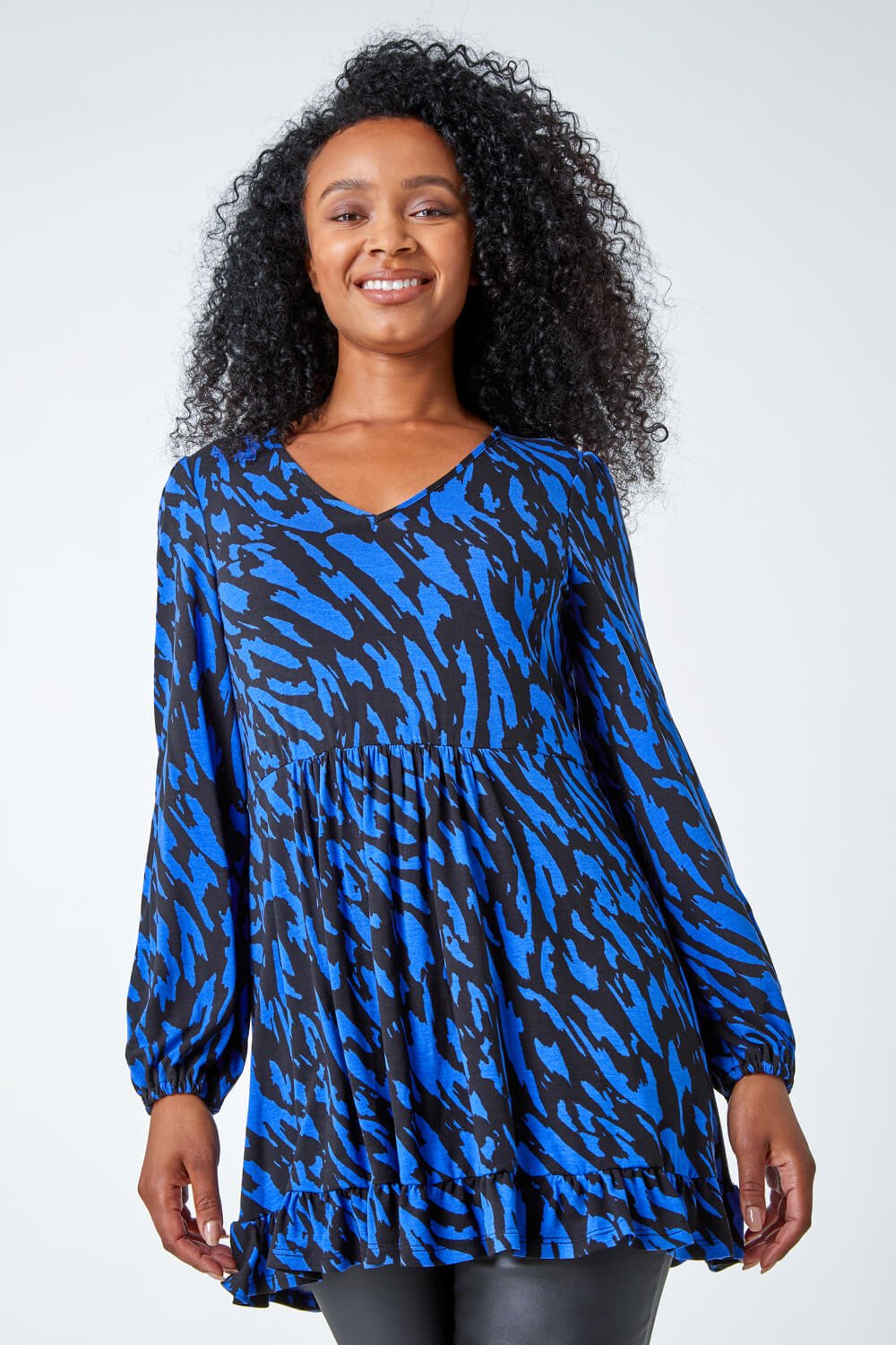 Blue Petite Abstract Frill Hem Stretch Top, Image 2 of 5
