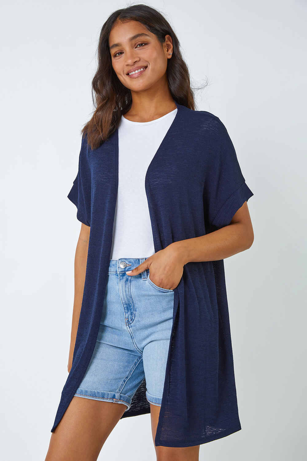 Navy Short Sleeve Longline Cardigan Roman UK