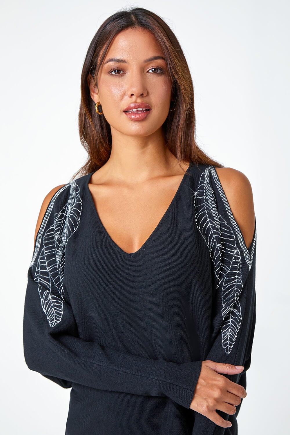 Black Embellished Leaf Print Cold Shoulder Jumper Roman UK