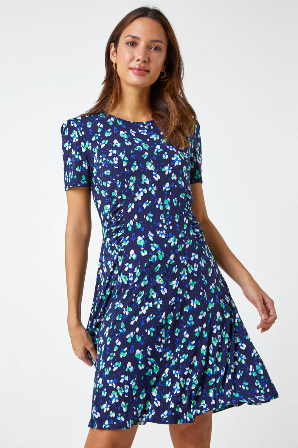 Navy  Panelled Ditsy Floral Print Dress, Image 2 of 5