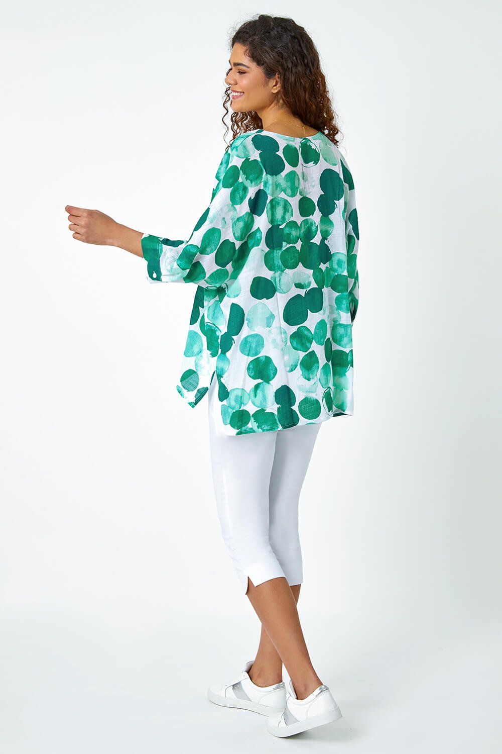 Green Spot Print Relaxed Woven Top, Image 3 of 5