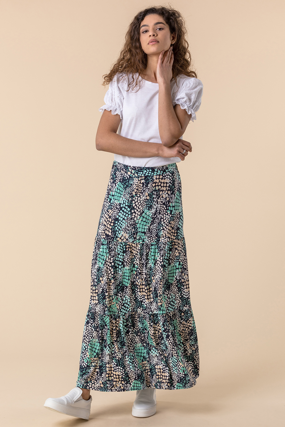 Multi  Abstract Snake Print Tiered Skirt , Image 3 of 4