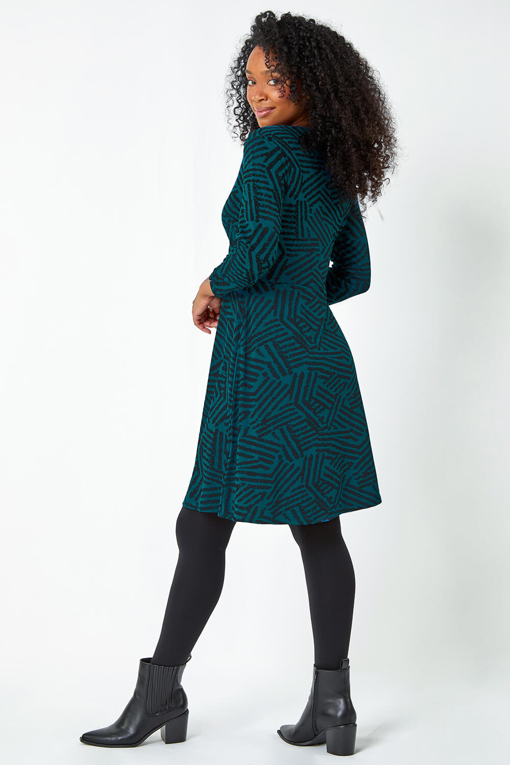Teal Petite Mock Wrap Abstract Stretch Dress, Image 3 of 5