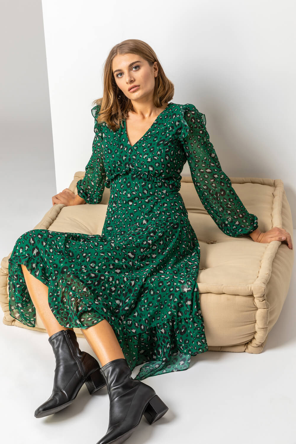 Green Animal Print Chiffon Midi Dress, Image 5 of 5