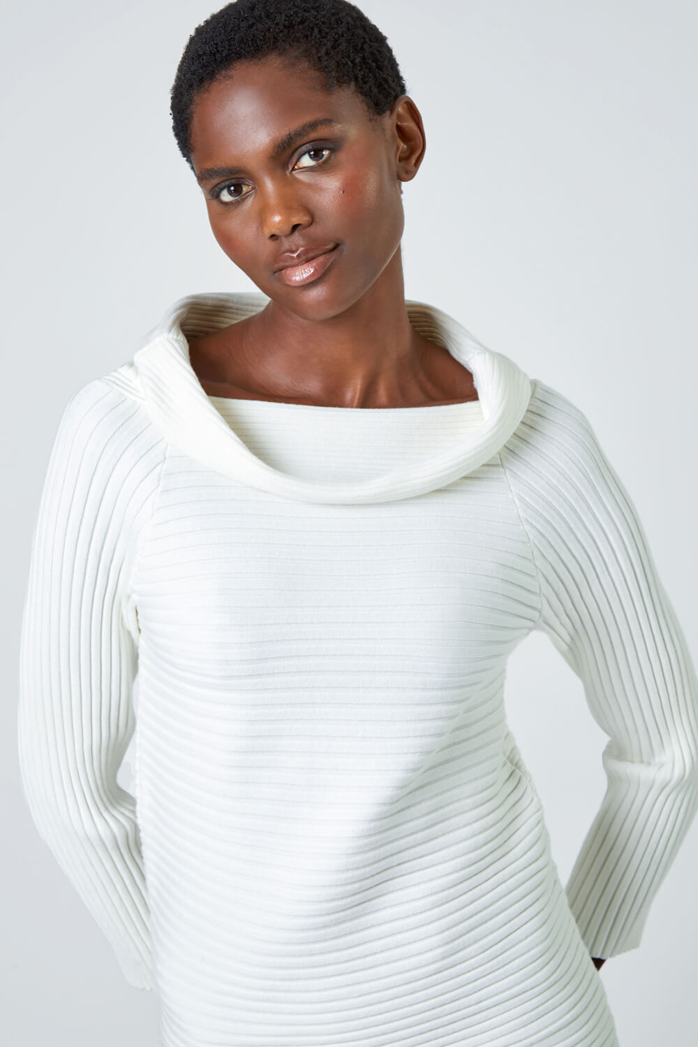 Ribbed Cowl Neck Stretch Jumper