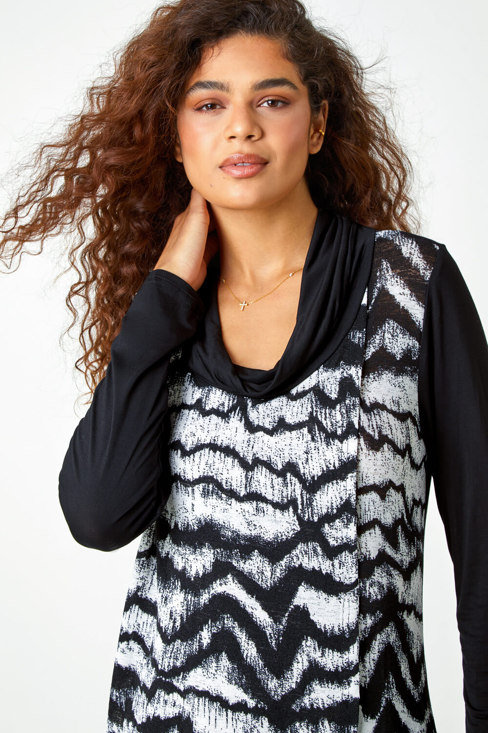 Black Abstract Print Cowl Neck Stretch Top, Image 4 of 5