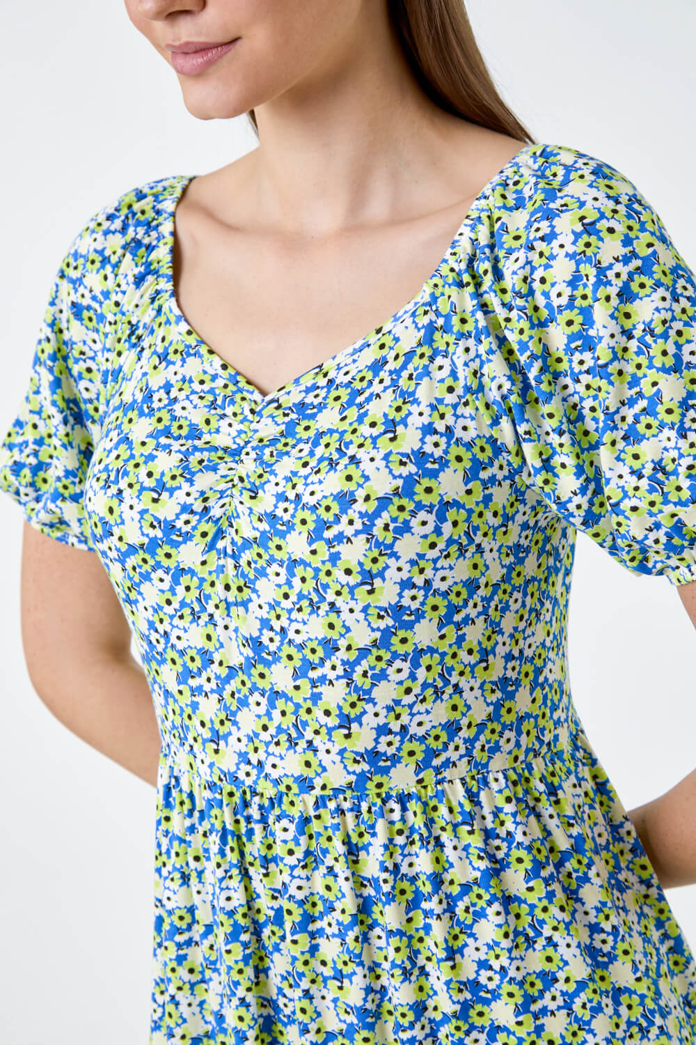 Lime Ditsy Floral Ruched Frill Stretch Dress, Image 5 of 5