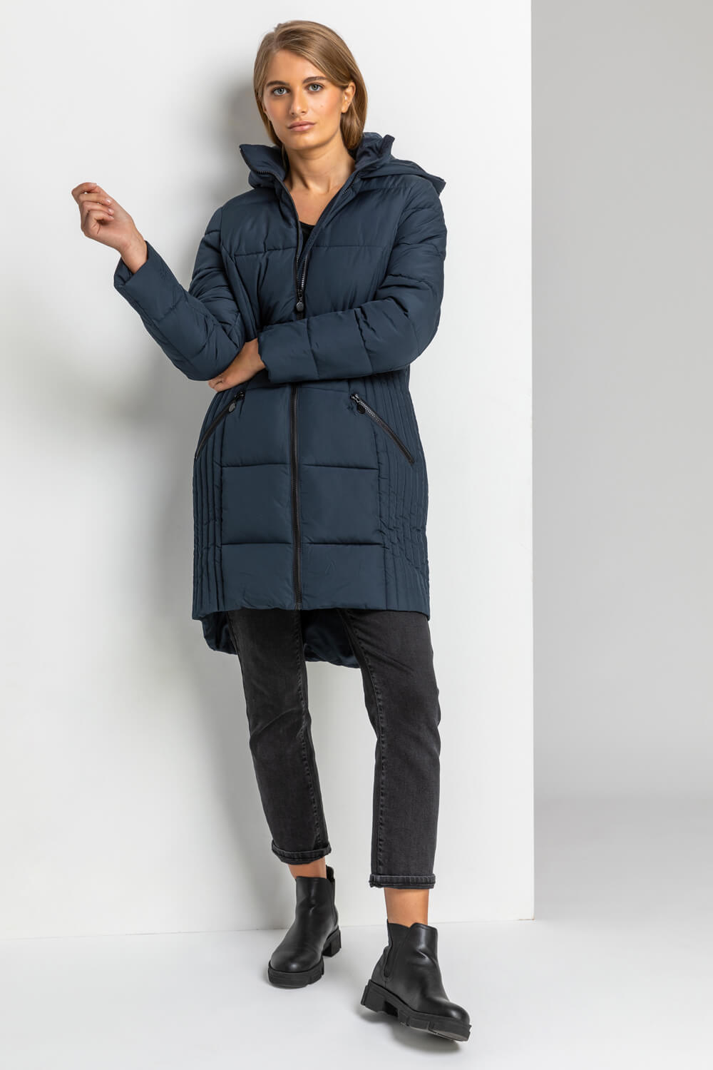 Navy  Quilted Longline Hooded Coat, Image 5 of 5