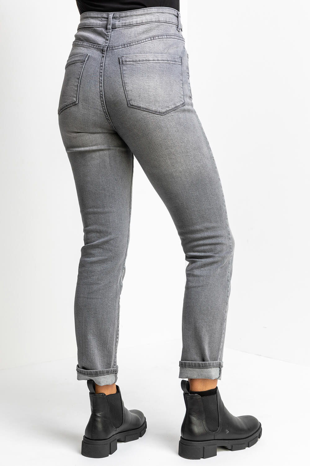 Grey Slim Leg Stretch Mom Jeans, Image 3 of 5