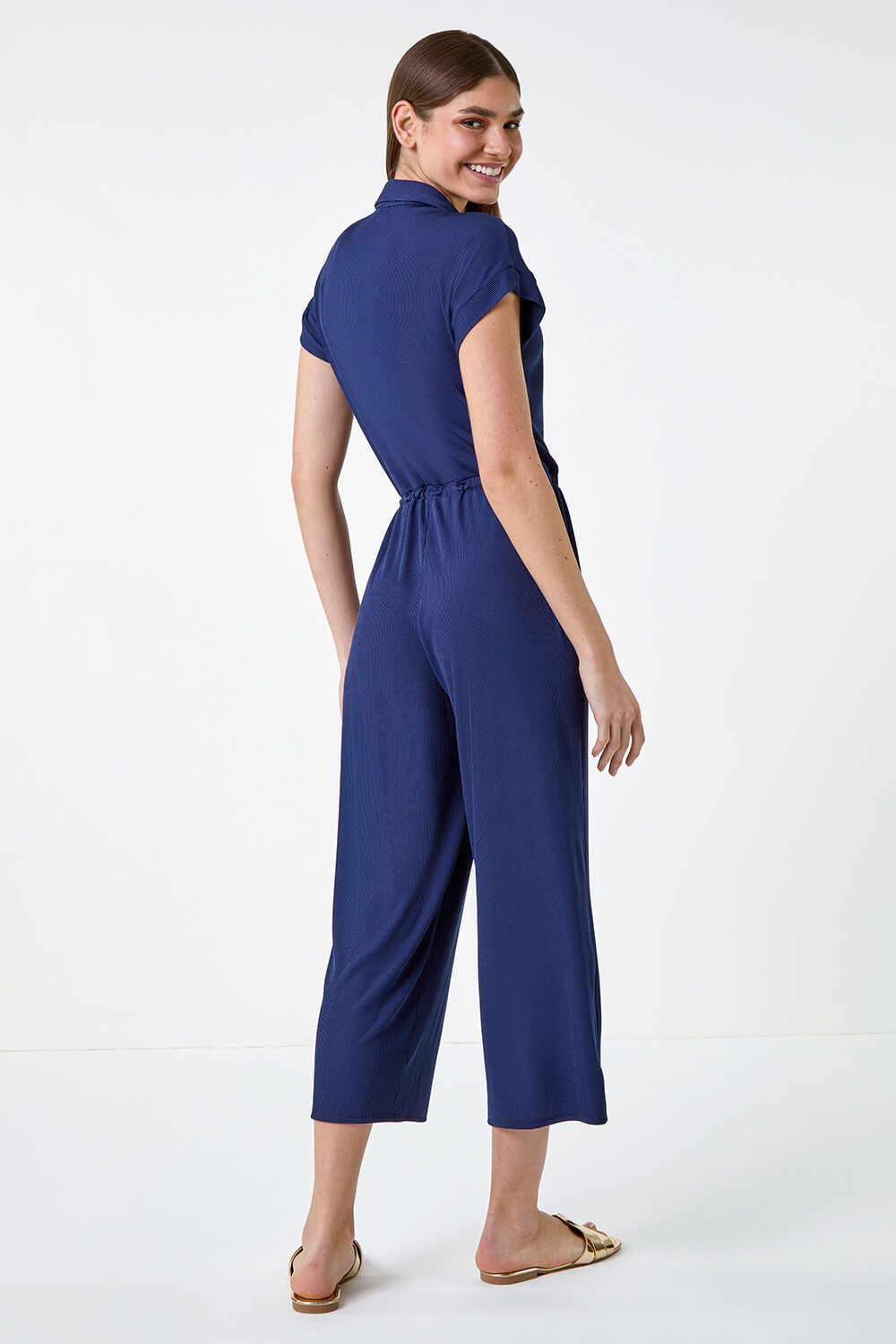 Navy  Plain Ribbed Stretch Jersey Jumpsuit, Image 3 of 5