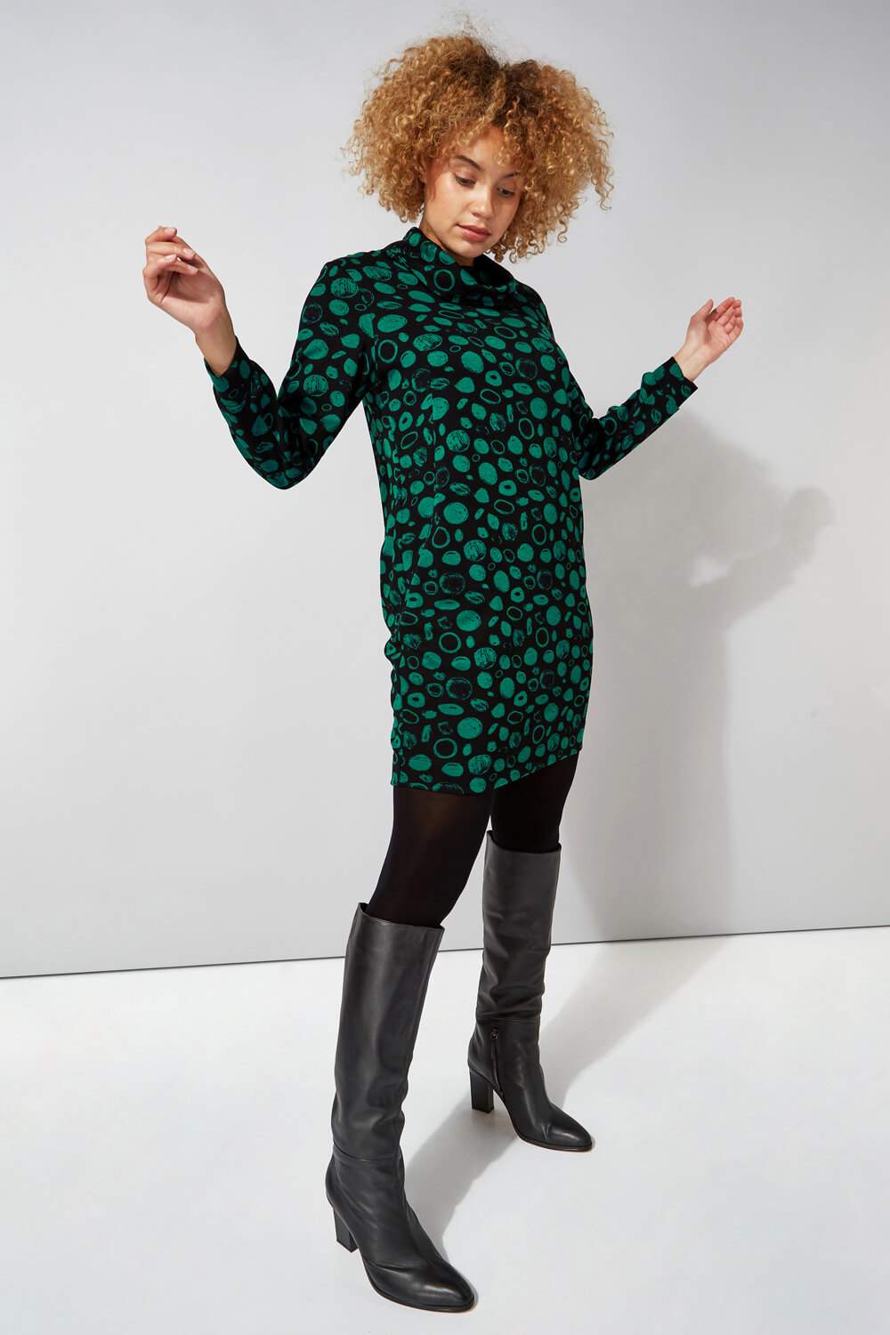 Green Spot Print Cowl Neck Dress, Image 4 of 4