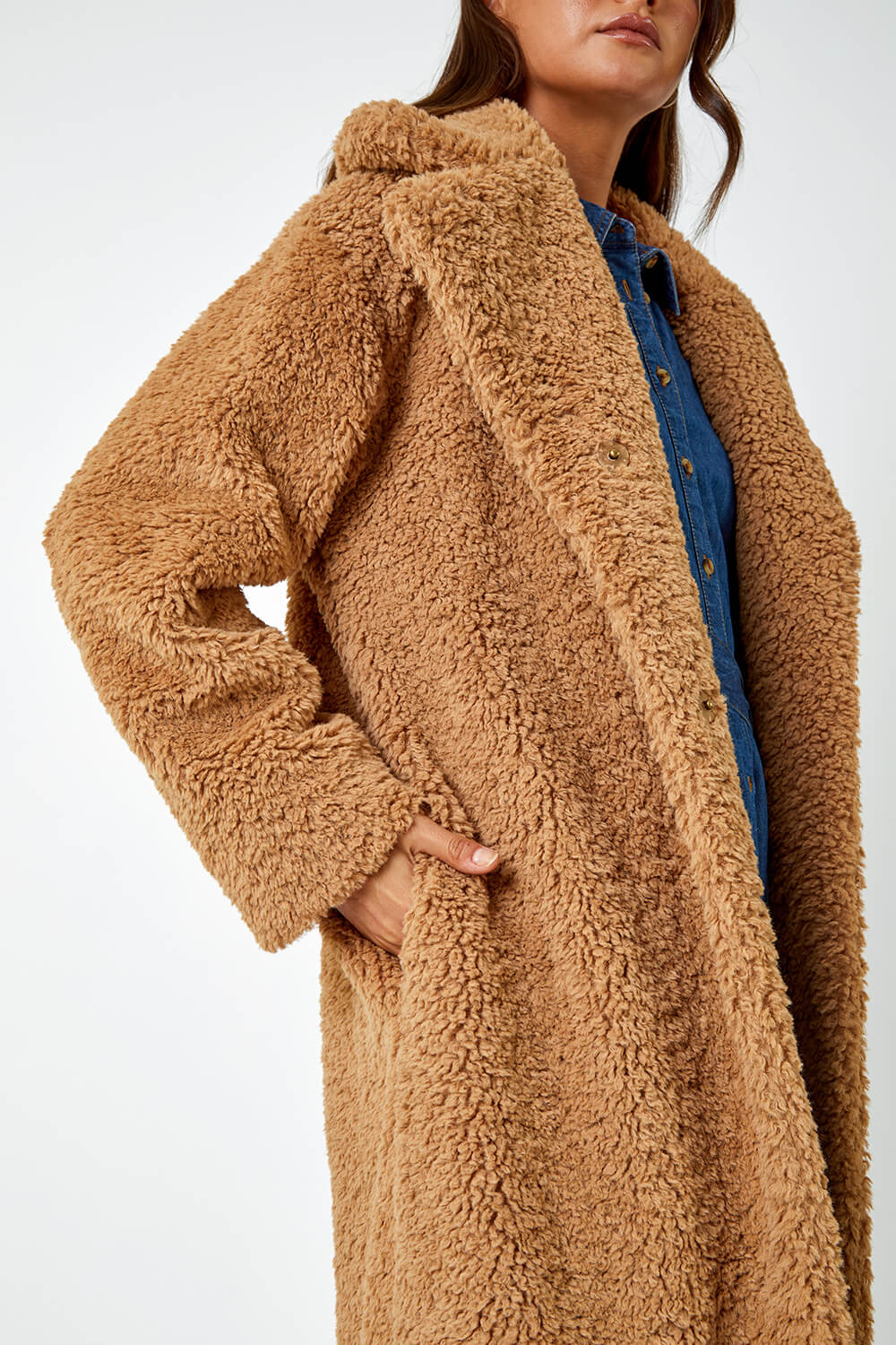 Camel  Longline Faux Fur Teddy Borg Coat, Image 5 of 5