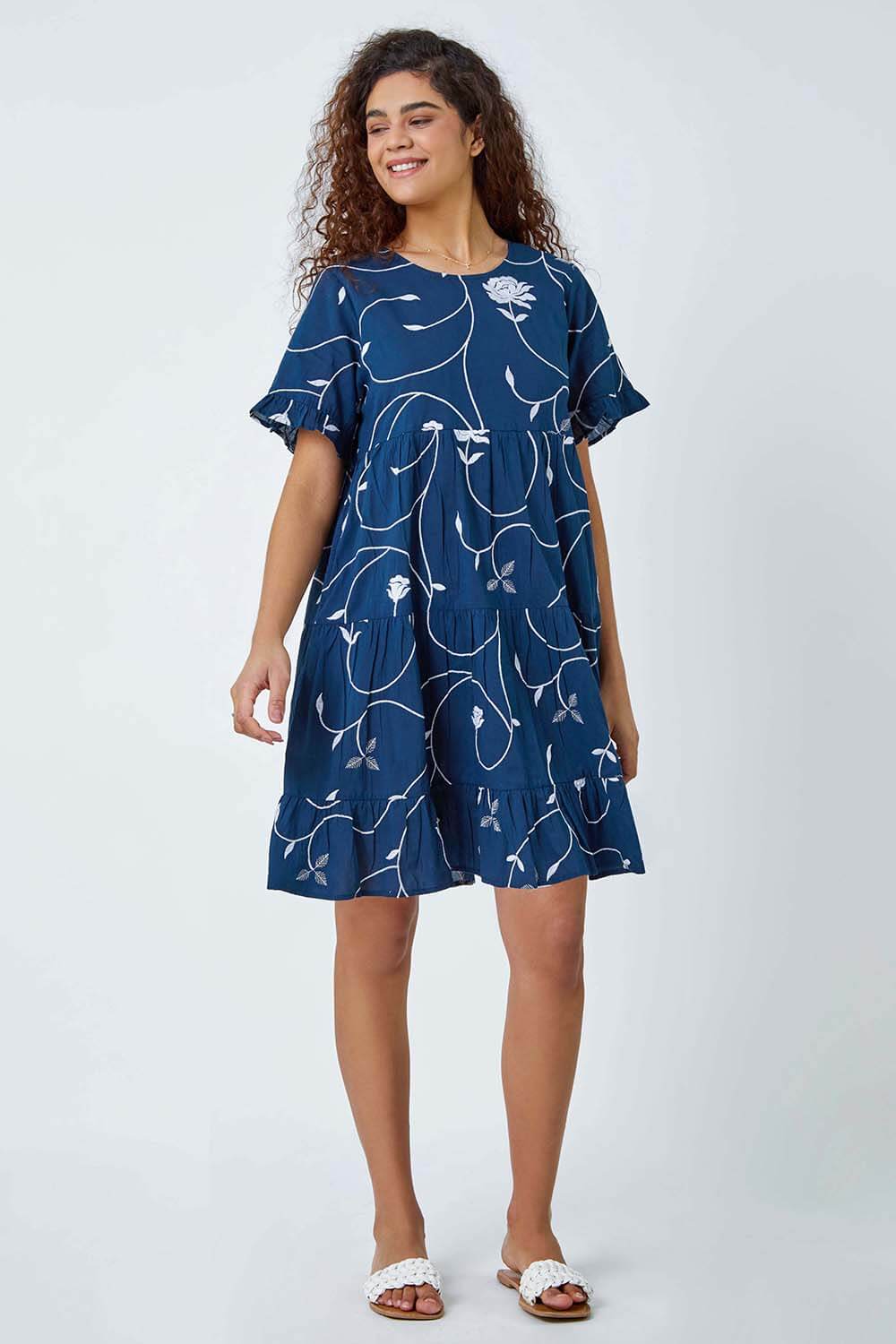 Navy  Cotton Embroidered Tiered Smock Dress, Image 2 of 5